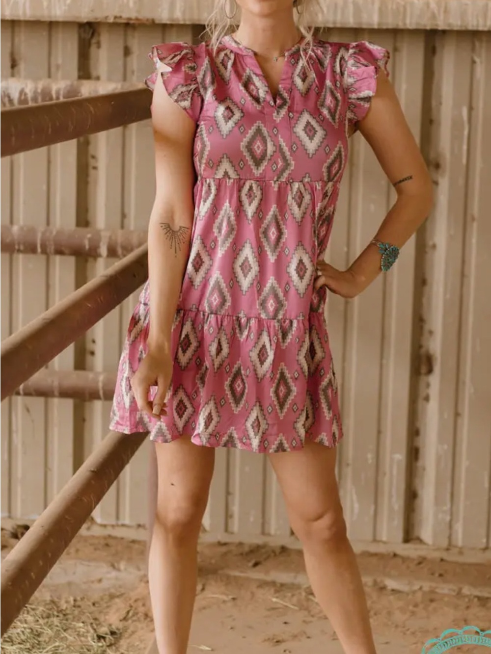 Pink Aztec Print Ruffle Sleeve Mini Dress